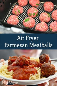 air fryer parmesan meatballs on a plate in front of the grill