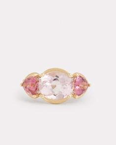 Kunzite Oval and Pink Tourmaline Trillion Ring with Diamonds – Jamie Wolf Pink Tourmaline And Opal Rings, Gold Emerald Cut Ring, Pink Stone Engagement Rings, Trillion Ring, Pink Engagement, Kunzite Ring, Pink Diamond Engagement Ring, Emerald Cut Ring, The Bling Ring