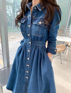 Women's Swing Dress Denim Shirt Dress Maxi long Dress Denim Formal Casual Outdoor Winter Dress Daily Shirt Collar Ruched Pocket Long Sleeve Winter Fall Spring 2023 Regular Fit Blue Pure Color S M L 2024 - $61.99 Denim Dress Ideas, Denim Shirt Dress Outfit, Denim Formal, Minimalist Fall Outfit, Shirt Dress Maxi, Denim Dresses Online, Denim Jumper Dress, Womens Outfits, Modest Summer Dresses