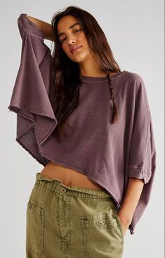 We The Free Cc Tee, Flowy Tops Outfit, Purple Top Outfit, Drape Sleeves, Oversized Style, Hippie Outfits, Flowy Tops, Solar Powered, New Wardrobe