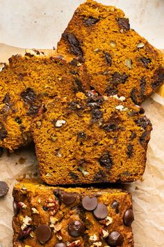 slices of pumpkin bread with chocolate chips on top