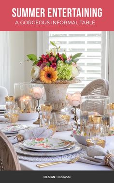 a table set with flowers and plates for an outdoor dinner party or summer entertaining event