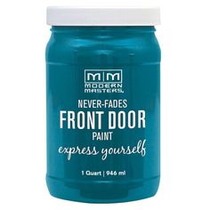 the front door paint is blue and has white lid, with an inscription on it