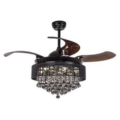 a black ceiling fan with crystal chandelier hanging from it's center blade