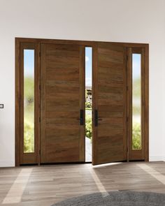 two wooden doors with glass on each side