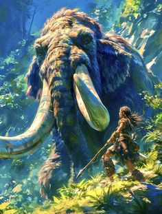 an animal with long tusks standing next to a person in the woods,