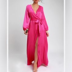 Lulu's Sz Small Fuchsia Dress, Satin Maxi Dress , Long Sleeve Dress Fancy Maxi Dress, Robe Fuchsia, Long Sleeve Bridesmaid Dress, Satin Formal Dress, Maxi Dress Winter, Red Satin Dress, Spring Maxi Dress, Fuchsia Dress, Satin Trousers