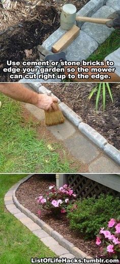 two pictures showing how to use a broom in the garden