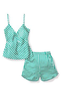 Drift off to dreamland in the luxury of whisper-light silk pajamas—this perfectly giftable set pairs a camisole with elastic-waist shorts. Camisole has V-neck; adjustable straps Shorts have elastic waist 100% silk Machine wash, dry flat Imported Chic V-neck Summer Sleepwear, Green Sleep Sets For Summer, Green Sleepwear Sets For Summer, Green Short Sleepwear For Summer, Green Sleepwear For Summer Pajama Party, Green Summer Sleepwear For Pajama Party, Satin Bedtime Sets For Summer, Summer Satin Bedtime Sets, Green V-neck Sleepwear For Summer