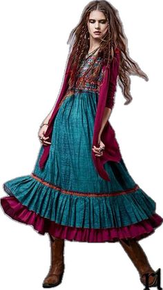 Fall Bohemian Boho Dress With Ruffles, Festive Bohemian Dress With Ruffles, Bohemian Ruffled Dresses For Festive Occasions, Bohemian Ruffled Dresses For Festive Season, Festive Turquoise Bohemian Dress, Hippie Printed Boho Dress With V-neck, Hippie Style Blue V-neck Dress, Hippie Blue V-neck Dress, Bohemian Blue V-neck Outerwear