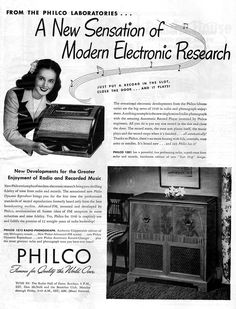 an advertisement for the new generation of modern electronic research, featuring a woman holding a radio