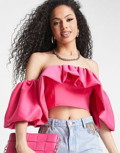 ASOS DESIGN scuba off shoulder top with exaggerated sleeve in pink | ASOS Hot Pink Puff Sleeve Top, Harry Styles Concert Outfit, Exaggerated Sleeve, Harry Styles Concert, Couture Outfits, Off Shoulder Top, Off Shoulder Tops, Online Shopping Clothes, Latest Fashion Clothes