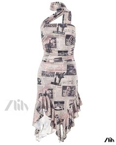 Zlily - Vintage Irregular Design Distressed Newspaper Print Collared Dress Short Wrap Skirt, Newspaper Print, Newspaper Printing, Collared Dress, Mauve Dress, Outfit Looks, Print Midi Dress, Clothing Details, Mid Length Skirts