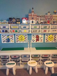 a room filled with lots of toy bins and toys on the shelves next to each other