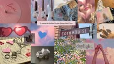 a collage of images with pink and blue colors, including hearts, flowers, letters, and other things