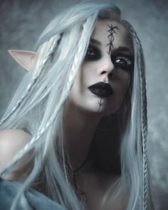 Dark Elf Costume Makeup, Dark Elf Costume Halloween, Dark Elf Halloween Costume, Dark Elf Makeup Looks, Dark Elven Makeup, Rune Makeup, Runes Makeup, Fantasy Elf Makeup