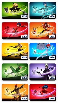 an image of various cartoon characters in different colors and sizes, with the name visa on them