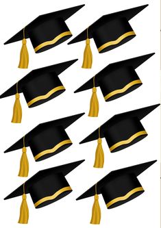 graduation caps and tassels are arranged in rows