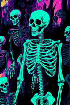 a group of skeletons standing in front of purple and green background with black outlines