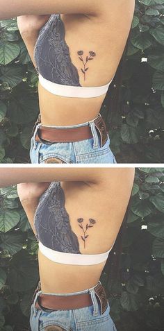 two pictures of the back of a woman's body with flowers on her stomach