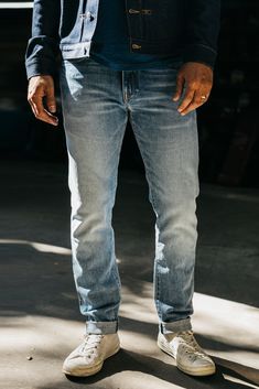 Our premium denim is inspired by the classic vintage blue jean. Our Premium Japanese 4-Way Stretch Selvedge denim story starts in Japan where our fabric is developed at one of the oldest denim mills. We blend a unique 4 way stretch material with selvedge denim to create a specific amount of stretch and comfort you wouldn’t typically get with selvedge denim. This 360 degree of stretch gives the wearer comfort from every angle no matter what they are doing. Our 4-Way Stretch selvedge fabric is wea Rugged Fitted Straight Leg Jeans, Classic Faded Recycled Denim Jeans, Classic Faded Jeans In Recycled Denim, Classic Washed Blue Jeans With Standard Cut Leg, Rugged Washed Blue Straight Leg Jeans, Rugged Standard Cut Denim Jeans, Selvedge Denim Jeans With Tapered Leg, Rugged Straight Leg Washed Blue Jeans, Rugged Denim Jeans With Standard Cut Leg