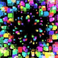 an image of colorful squares in the middle of a black background with white and yellow dots