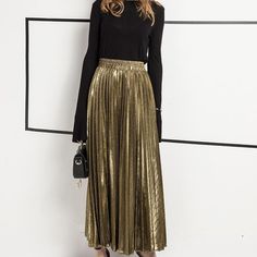 Metallic Long Pleated Floor length Maxi Skirt Gold or silver (US 8-14) – www.Nuroco.com Gold Pleated Skirt, Silver Skirt, Long Skirt Fashion, Gold Skirt, Fashion Skirts, Nature Dress, Pleated Long Skirt, Chic Skirts, Pleated Maxi Skirt