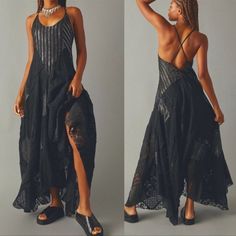 New Without Tags! Free People Party Black Aurella Maxi Dress Asymmetrical Maxi Dress Halter Neckline No Pockets Includes Inner Lining Criss Cross Back With Button Closure Armpit To Armpit 18”/ Waist 20”/ Length 53” Very Boho And Cottagecore Size Xs No Flaws Of Any Kind Festival Fitted V-neck Midi Dress, Fitted V-neck Midi Dress For Festival, Edgy Summer Midi Dress, Edgy Black Midi Dress For Summer, Edgy Sleeveless Midi Dress For Spring, Black Bohemian Maxi Dress For Night Out, Edgy Summer Evening Midi Dress, Edgy Summer Dress With Asymmetrical Hem, Edgy Asymmetrical Hem Dress For Summer