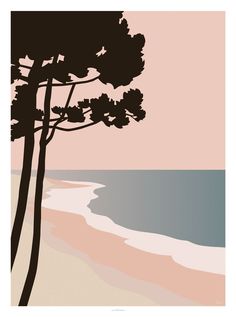 an image of a beach scene with trees and the ocean in the background at sunset