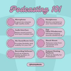 an info sheet with the words poddassing 101 in pink and blue, on top of