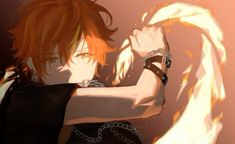 an anime character with red hair holding his arm up in the air and fire behind him