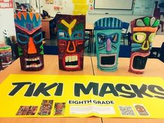 three tiki masks are sitting on a table with an open book in front of them