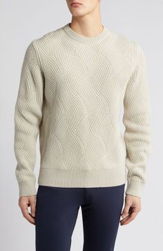 A wavy stitch pattern gives a contemporary update to a classic crewneck sweater knit from soft virgin wool and cashmere. 27" length (size Medium) Crewneck Long sleeves Ribbed cuffs and hem 85% virgin wool, 15% cashmere Dry clean or machine wash, dry flat Made in Turkey Hugo Boss/BOSS/HUGO has received the Fair Labor Association accreditation, which signifies that the company has effective systems and procedures in place to successfully uphold fair labor standards throughout its supply chains, in Elegant Wool Jacquard Knit Sweater, Cream Textured Knit Cashmere Sweater, Cream Textured Cashmere Sweater, Cream Merino Wool Sweater With Crew Neck, Sneaker Men, Sneakers Men Fashion, Anniversary Sale, Sweater Knit, Sporty Style