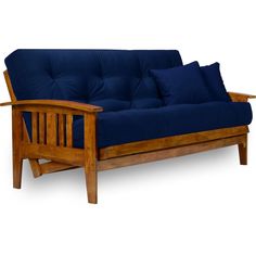 a wooden futon with blue cushions on it's back and arm rests against a white background