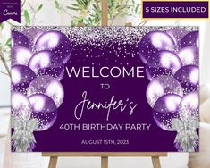 a purple and silver birthday party welcome sign with balloons on the front, sitting on an easel