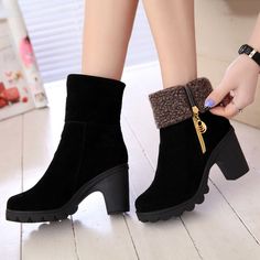 Chunky Heel Suede Fall Zipper Daily Round Toe Boot | Newarrivaldress.com Winter Heels, Shoe Image, Rounded Toe Boots, Thick Heel, Round Toe Heels, Fur Boots, Thick Heels, Winter Shoes, Heel Type