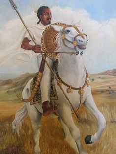 a painting of a man riding on the back of a white horse in a field