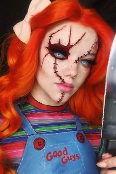 Chuky Doll Makeup, Chucky Scary Makeup, Chucky Sfx Makeup, Chuky Doll Costume, Chucky Makeup Female Glam, Chucky Make Up Woman, Halloween Horror Nights Makeup, Chunky Makeup Halloween, Horror Movie Inspired Makeup