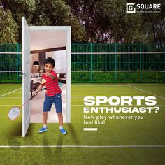 a young boy holding a tennis racquet standing in front of a door with the words sports enthusiast on it