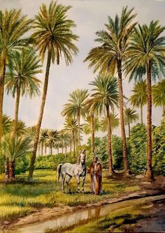 a painting of a man standing next to a white horse in the middle of palm trees