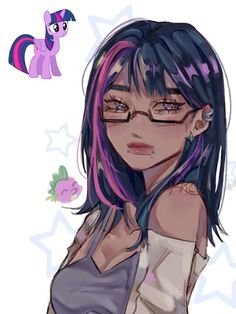 a drawing of a girl with purple hair and glasses, next to a pink pony