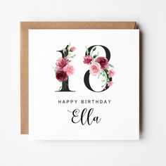 a card with the number nine and flowers on it, says happy birthday ela