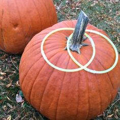 two pumpkins sitting in the grass with rings on them