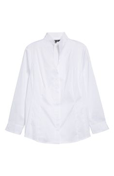 This picture-of-polish shirt is crafted from crisp poplin with a split neckline. Split neck Stand collar Long sleeves 71% cotton, 31% nylon, 4% spandex Hand wash, line dry Imported Classic Split Neck Spring Blouse, Classic Split Neck Blouse For Spring, Formal Cotton V-neck Blouse, Elegant Cotton Top With Placket, Split Neck Placket Top For Work, Split Neck Workwear Top With Placket, Elegant Fitted Split Neck Blouse, Elegant Split Neck Top For Daywear, Elegant Fitted Top With Split Neck