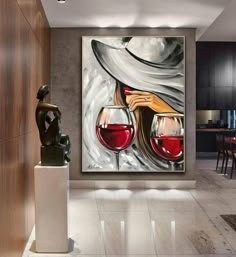 a painting with two glasses of red wine on it in front of a dining room table