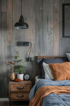 a bedroom with wood paneled walls and two nightstands