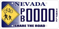 nevada license plate that says,'boooo share the road'with a bicycle and pedestrian crossing sign