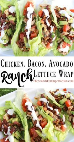 chicken, bacon, avocado and lettuce wraps on a white plate