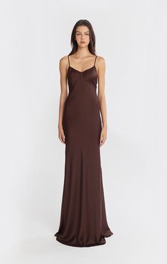 Brown Grad Dress, Brown Long Dress, Stolen Stores, Brown Dresses Formal, Chocolate Brown Dress, Dark Brown Dress, Satin Silk Dress, V Neck Maxi Dress, Brown Dresses