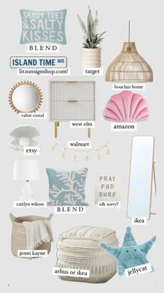 a bunch of different items that are on the wall in front of a mirror and lamp